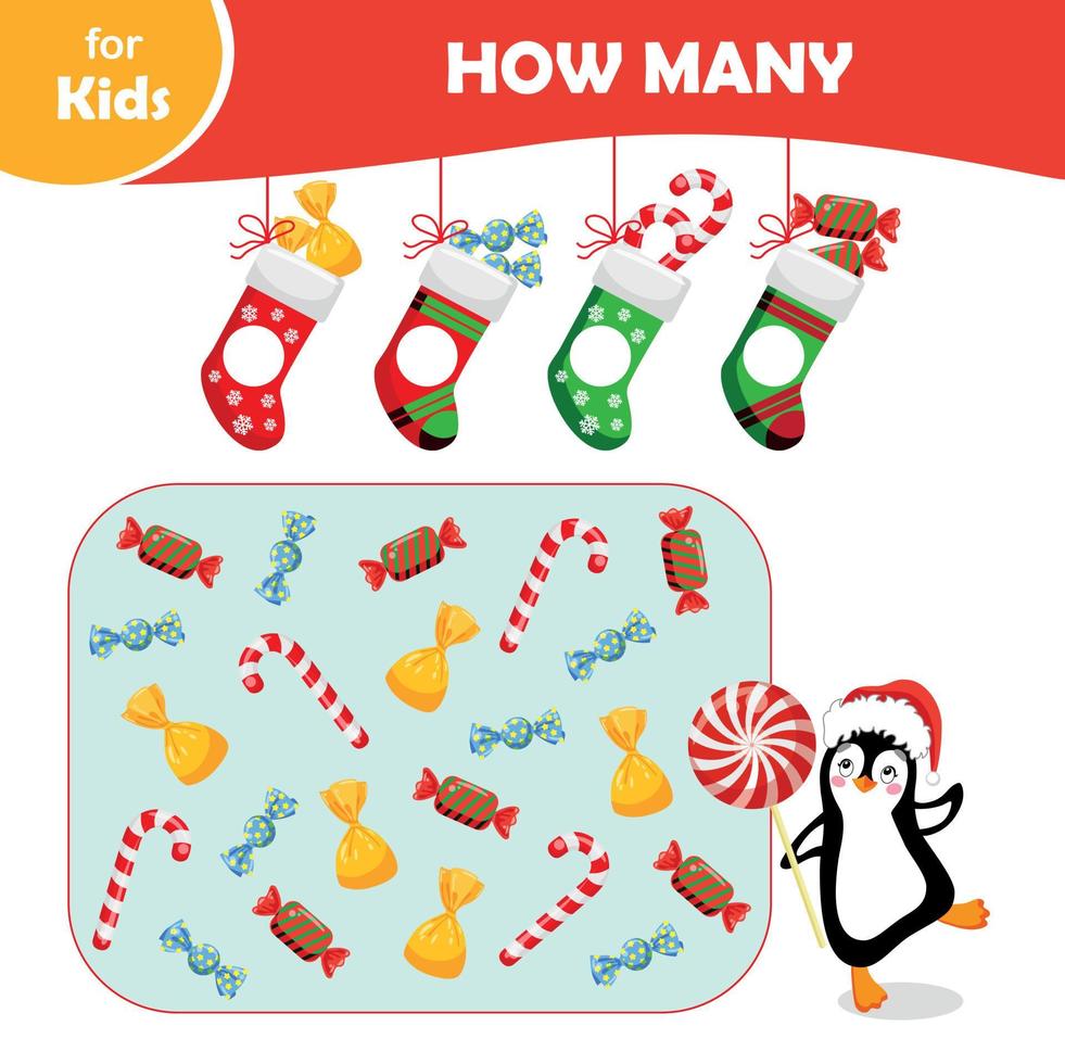 Games For Kids. How Many Candies Does The Cute New Year Penguin Have vector
