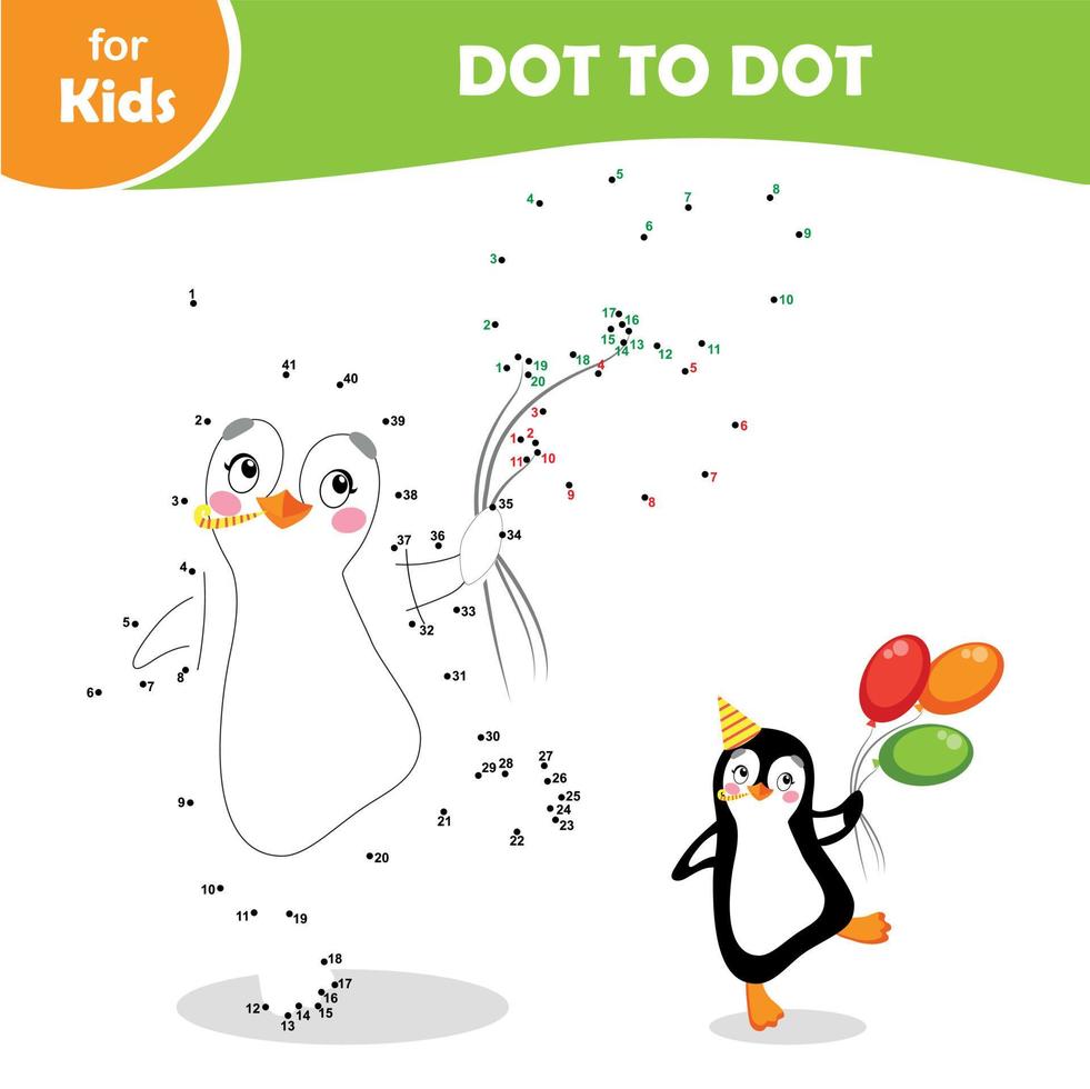 mini juegos para niños, punto a punto. pingüino, estilo cumpleaños con globos vector