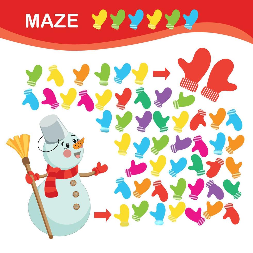 The Snowman Collects Mittens. Maze Game For Kids. Logic Educational vector