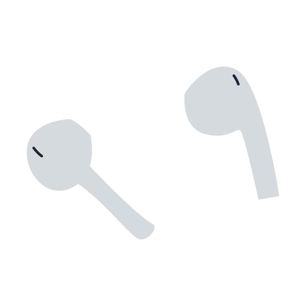 Wireless Earbud, In-Ear Headphones. Flat doodle. Wireless earphones. Personal audio equipment for podcasting, listening to music. Simple flat vector illustration isolated on white background.