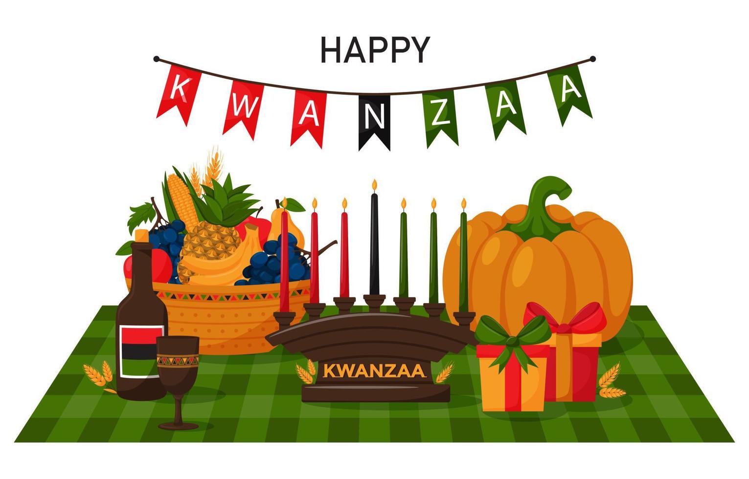 Greeting card Happy Kwanzaa. A composition with a checkered napkin, a kinara, gifts, pumpkin and a fruit basket. Cartoon vector illustration on a white background