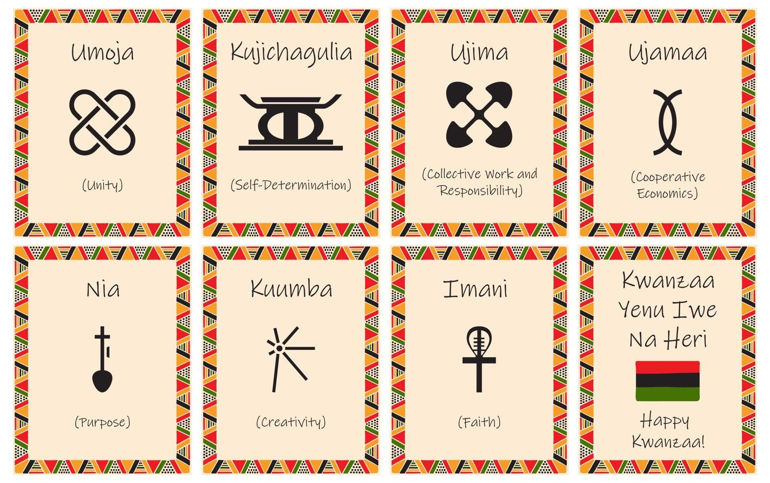 A set of cards with seven signs of the Kwanzaa principles. Symbol with names in Swahili. Poster with an ethnic African pattern in traditional colors. Vector illustration