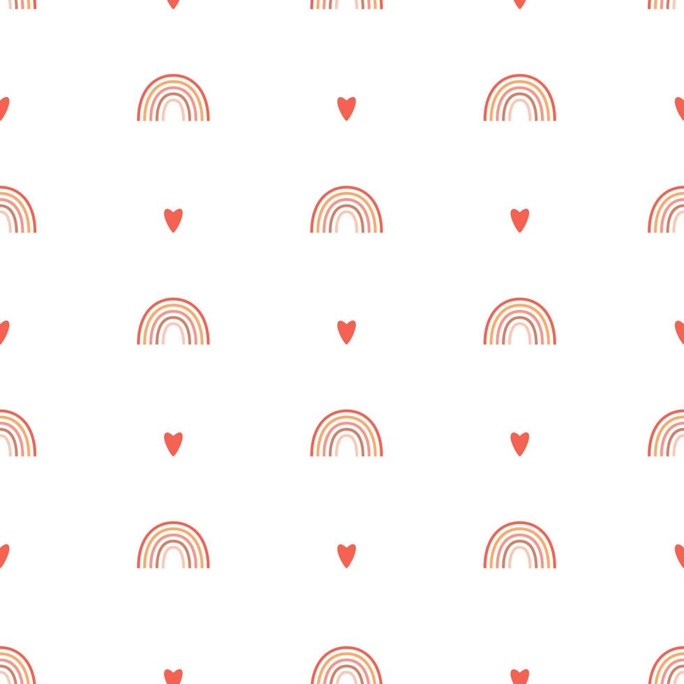 Seamless pattern with simple rainbows and hearts. The simple minimalistic background is perfect for wrapping paper, children's textiles. Vector isolated on a white background.