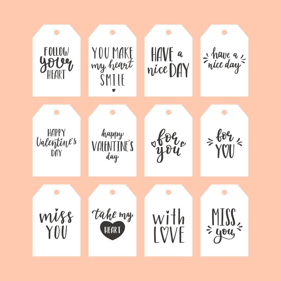 A set of gift tags with black and white handwritten phrases for Valentine's Day. A collection of present labels with congratulations and wishes. Simple vector illustrations on a white background.