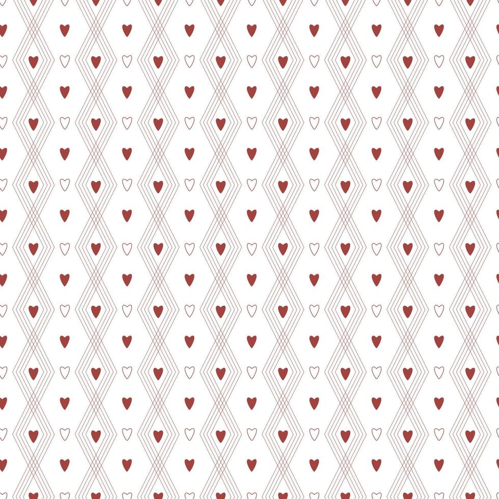 A simple seamless minimalistic pattern with dark red hearts and zigzag stripes on a white background. Perfect for Valentine's day packaging and wrapping paper design. Vector illustration