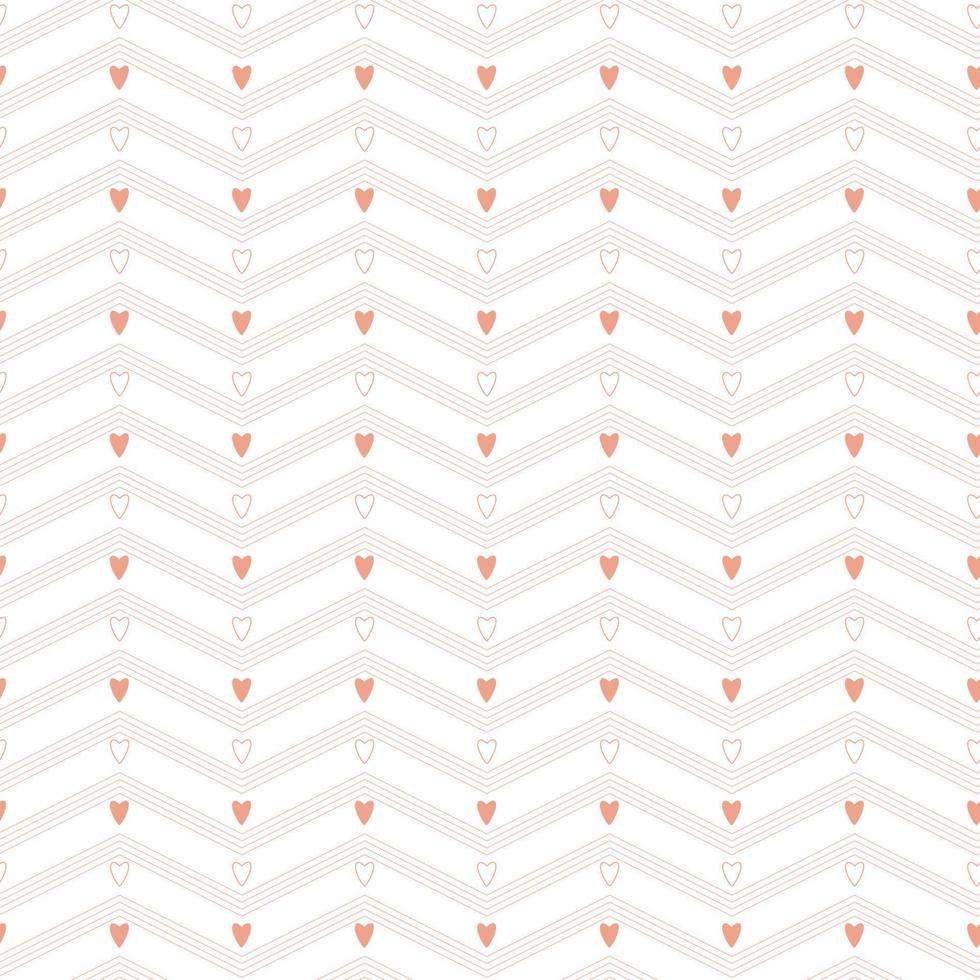 A simple seamless minimalistic pattern with pink hearts and zigzag stripes on a white background. Perfect for Valentine's day packaging and wrapping paper design. Vector illustration