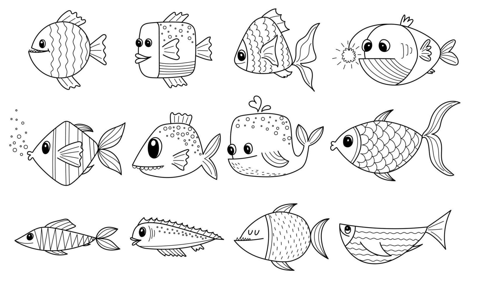 conjunto de peces cómicos de contorno dibujado a mano. Lindo pez abstracto divertido para niños libro para colorear. ilustración vectorial en blanco y negro aislada sobre fondo blanco. vector