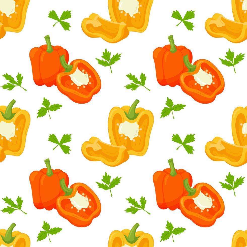 Seamless pattern with peppers. Simple color pattern with vegetables. The elements in the flat style are isolated without a background. For the design of kitchen accessories and food packaging vector