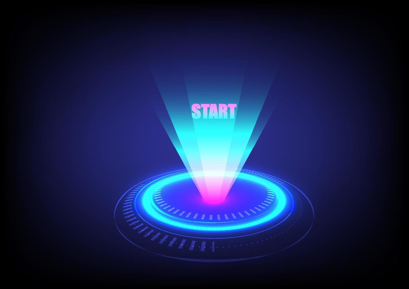 Business and technology concept. The glowing button with light rays starts on blue background. Start-up for the new business opportunity. The digital innovation product and cyberspace. vector