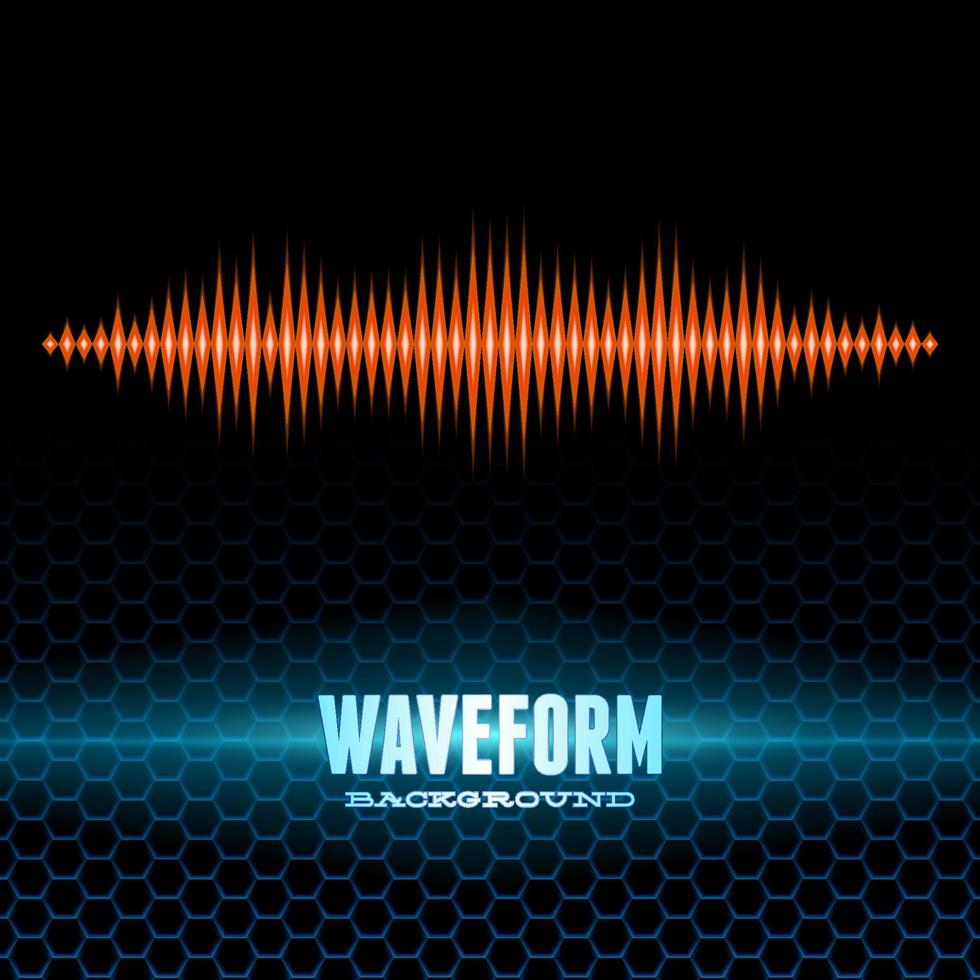 Orange shiny sound waveform with sharp peaks on hex grid vector