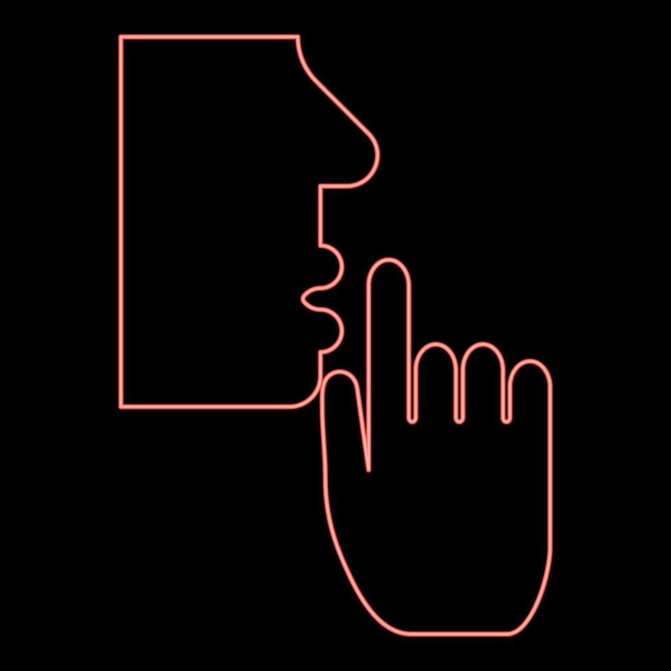 Neon keep silence concept Man shows index finger quietly Person closed his mouth Shut his lip Shh gesture Stop talk please theme Mute red color vector illustration image flat style