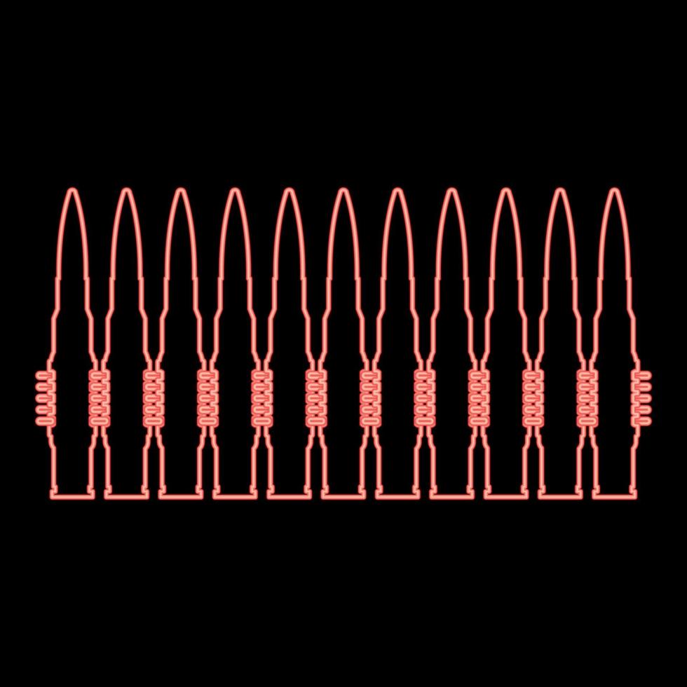 Neon bullets in row belt Machine gun cartridges Bandoleer War concept red color vector illustration image flat style