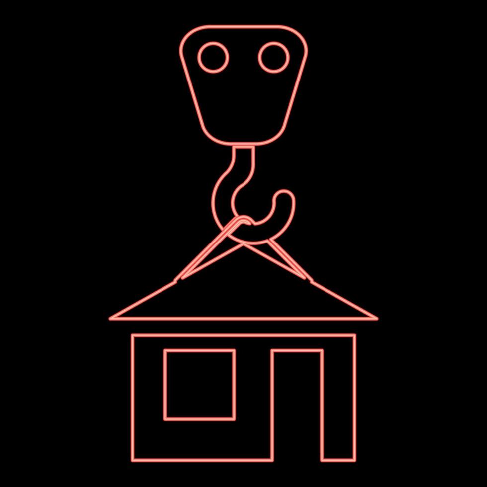 Neon crane hook lifts home Holds roof house icon black color vector illustration flat style image red color vector illustration image flat style