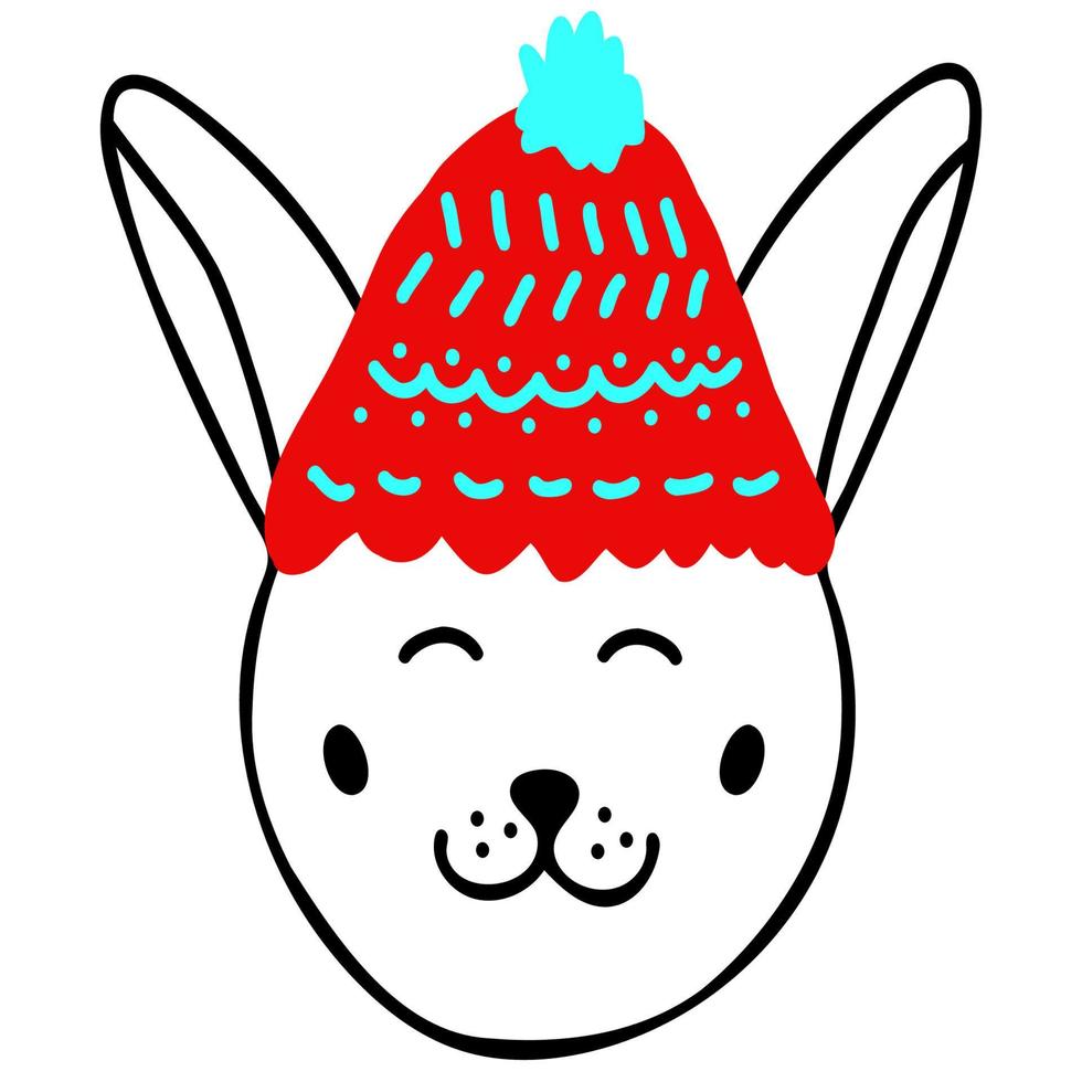 Cute smiling bunny head with red santa hat,hand drawn symbol of new year 2023 in doodle style,print for kids textile,room interior decoration,poster,sticker,logo,baby fashion design vector