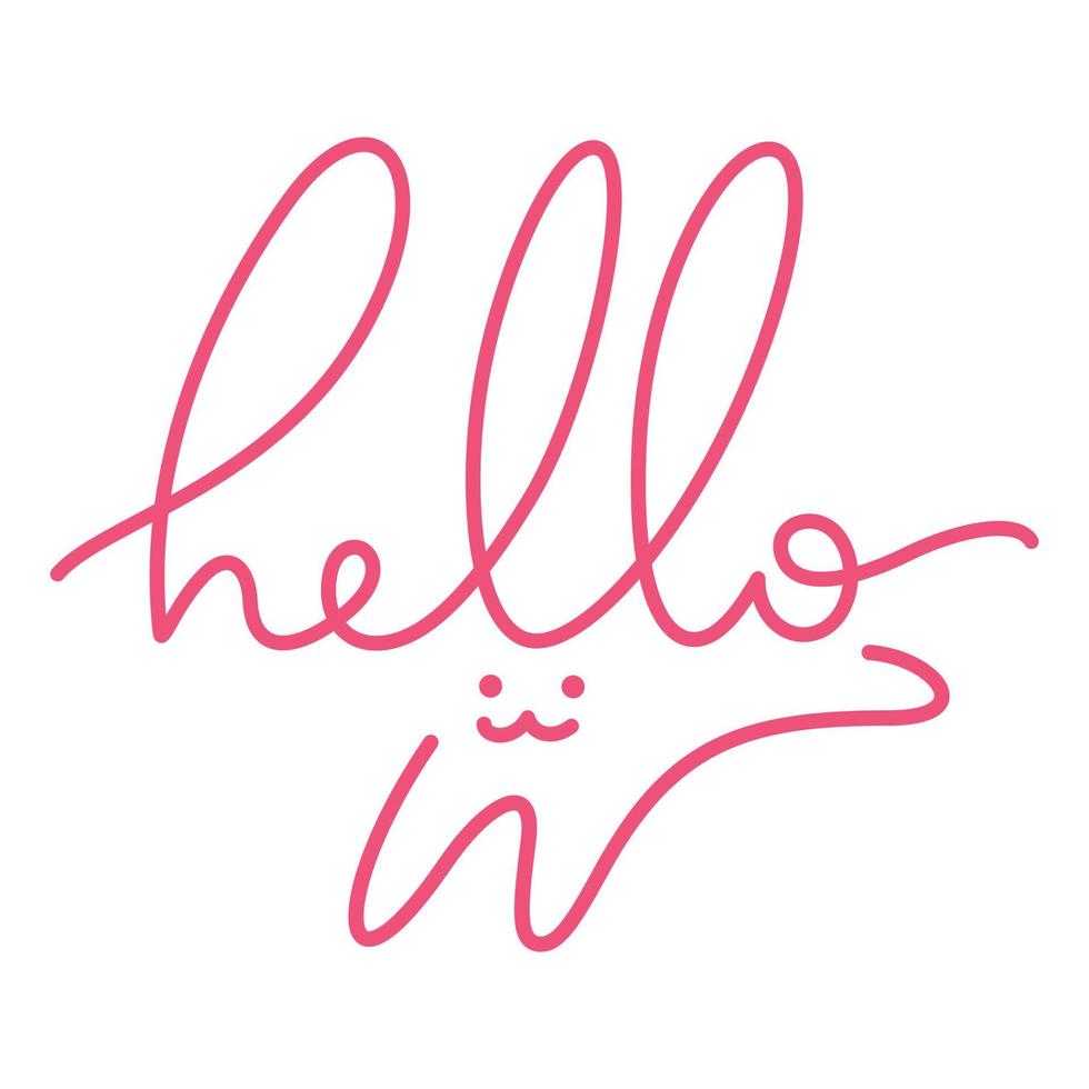 hello greeting text hand written and rabbit continuous line drawing vector