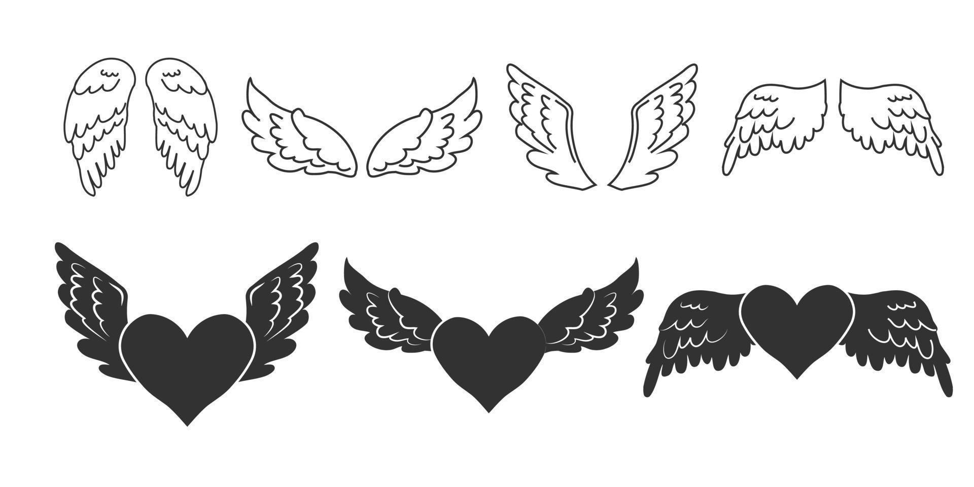 Set Angel wings with heart, outline and silhouette in cartoon style isolated on blue background, design element for decoration. Vector illustration
