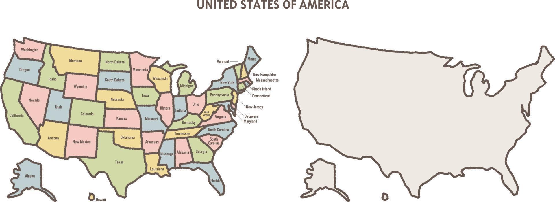 mapa dibujado a mano de estados unidos, estados unidos de america vector