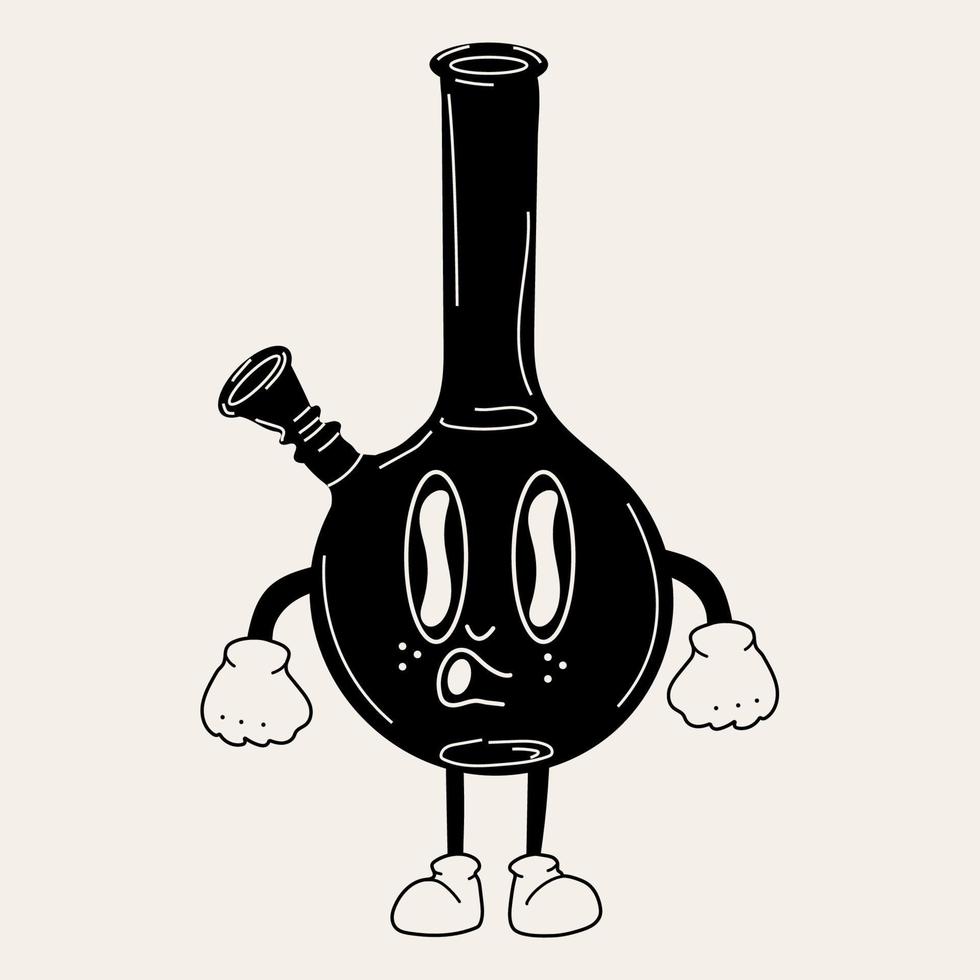Black and white Bong, glass jar. Cartoon mascot character. Medical cannabis, weed, marijuana character concept vector