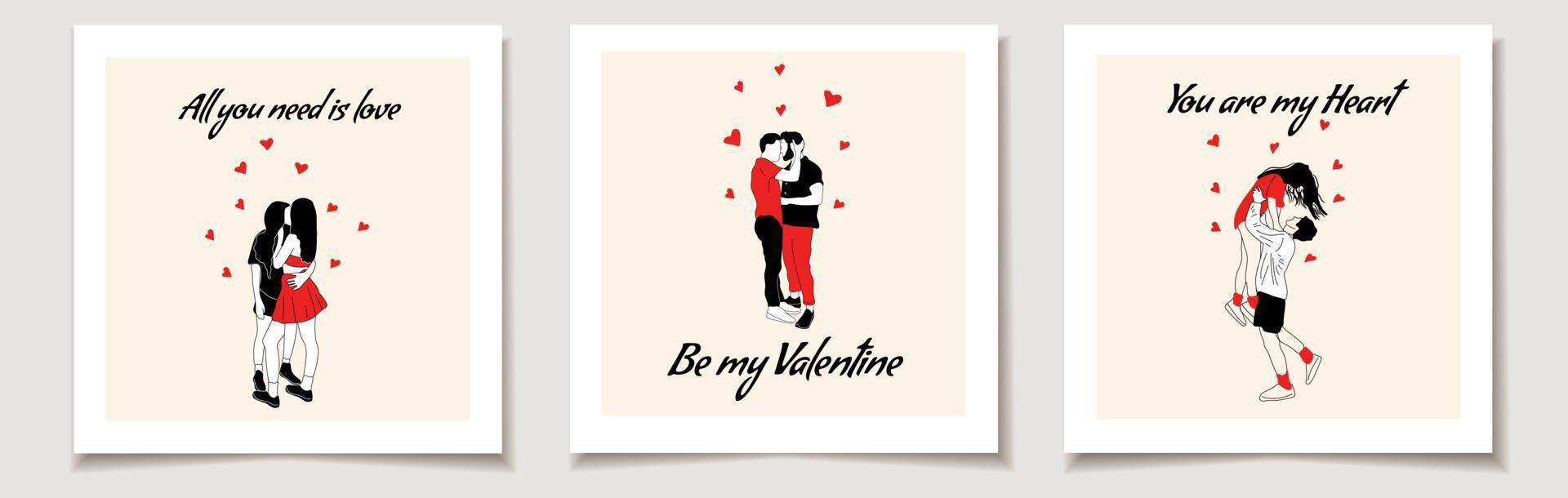 Set of Valentine's day cards with Gay couple in love, Lesbian couple in love,couple boy and girl in love. Love and education concept. Vector illustration