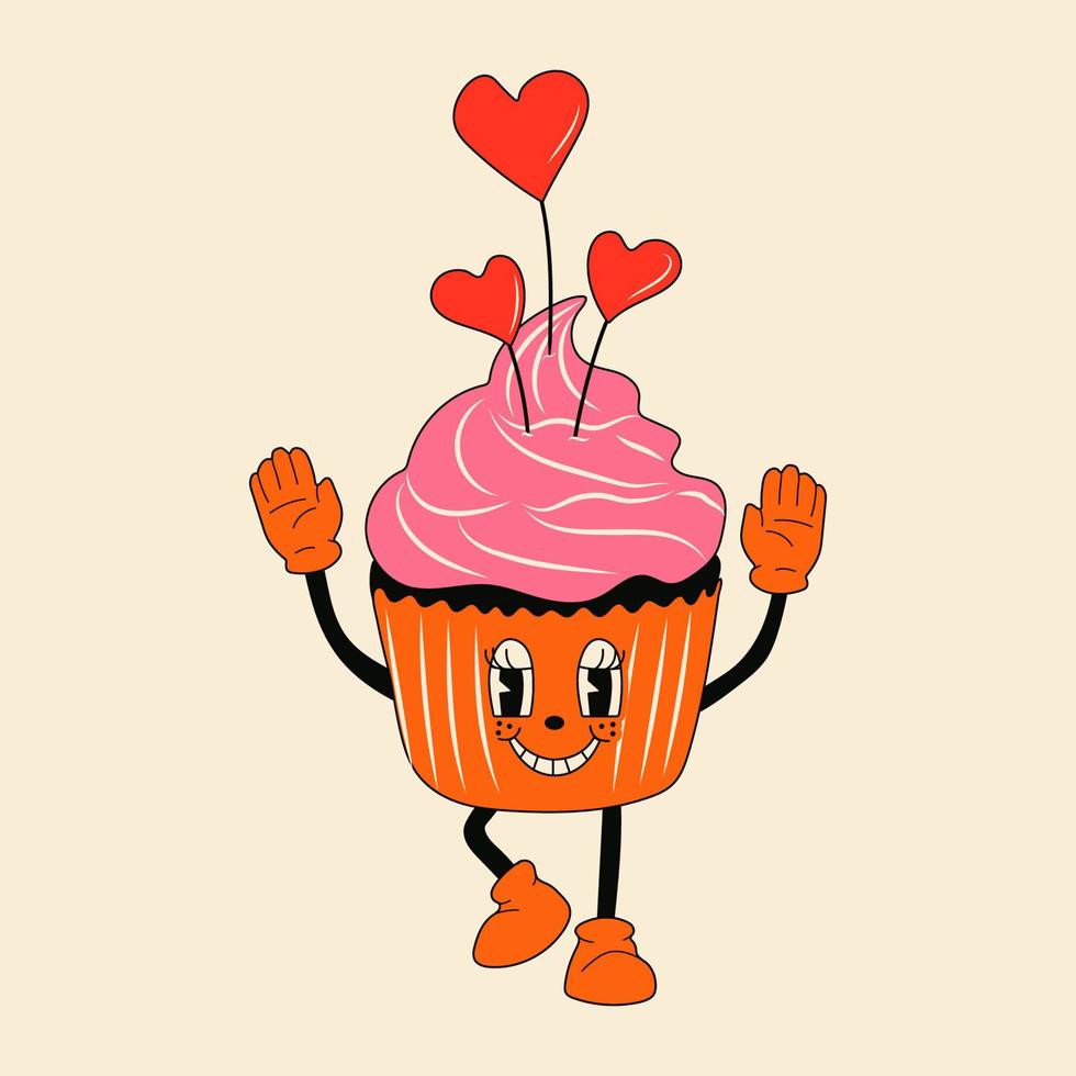 personaje de mascota de dibujos animados retro cupcake 30s -. Estilo de animación antiguo de los años 40, 50 y 60. vector de estilo cupcake del día de san valentín. feliz, sonrisa emociones.