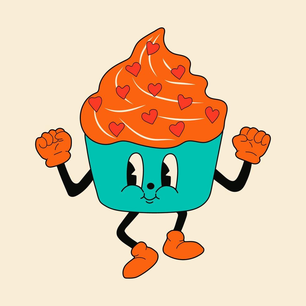 personaje de mascota de dibujos animados retro cupcake 30s -. Estilo de animación antiguo de los años 40, 50 y 60. vector de estilo cupcake del día de san valentín. feliz, sonrisa emociones.