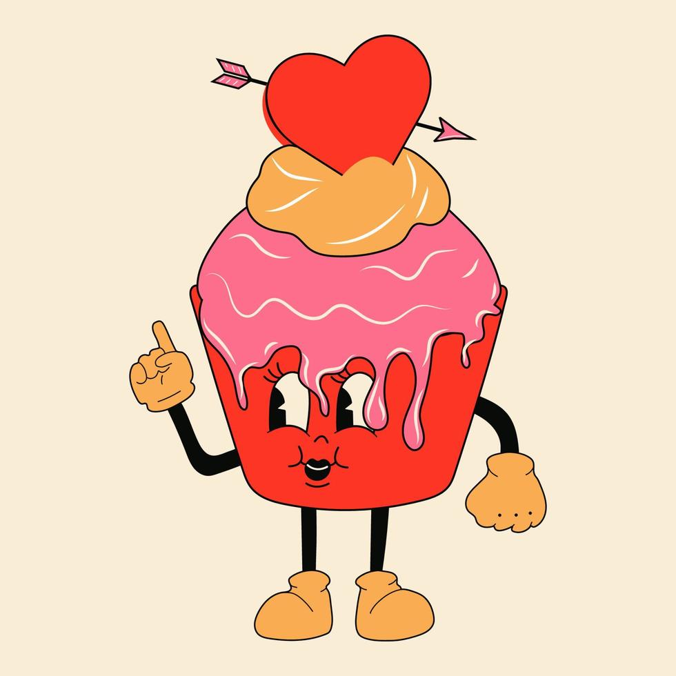 personaje de mascota de dibujos animados retro cupcake 30s -. Estilo de animación antiguo de los años 40, 50 y 60. vector de estilo cupcake del día de san valentín. feliz, sonrisa emociones.