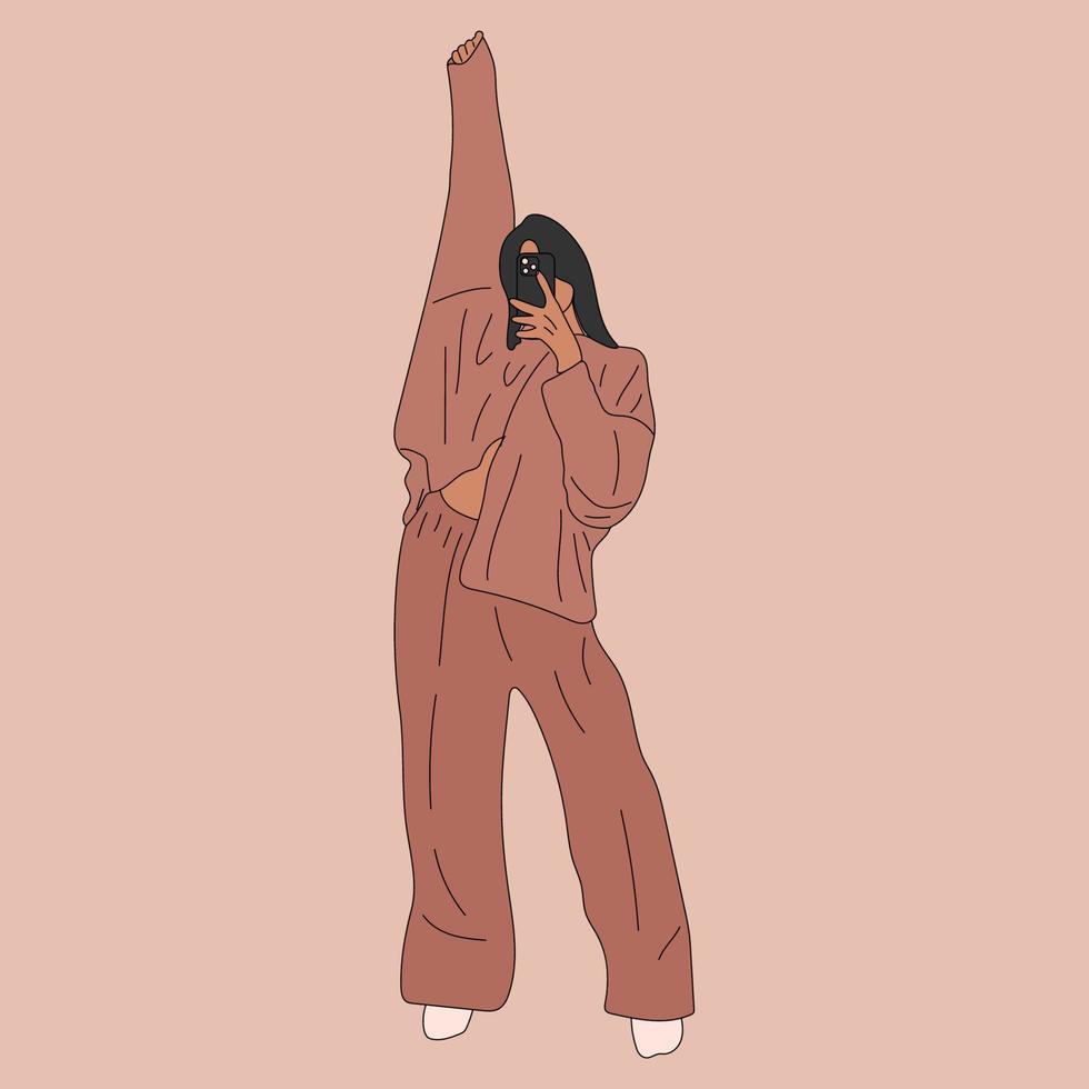 Beautiful young woman taking selfie in pajamas. Hand drawn vector illustration. Cartoon style.