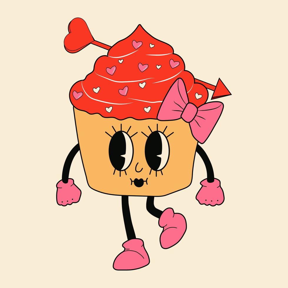 personaje de mascota de dibujos animados retro cupcake 30s -. Estilo de animación antiguo de los años 40, 50 y 60. vector de estilo cupcake del día de san valentín. feliz, sonrisa emociones.