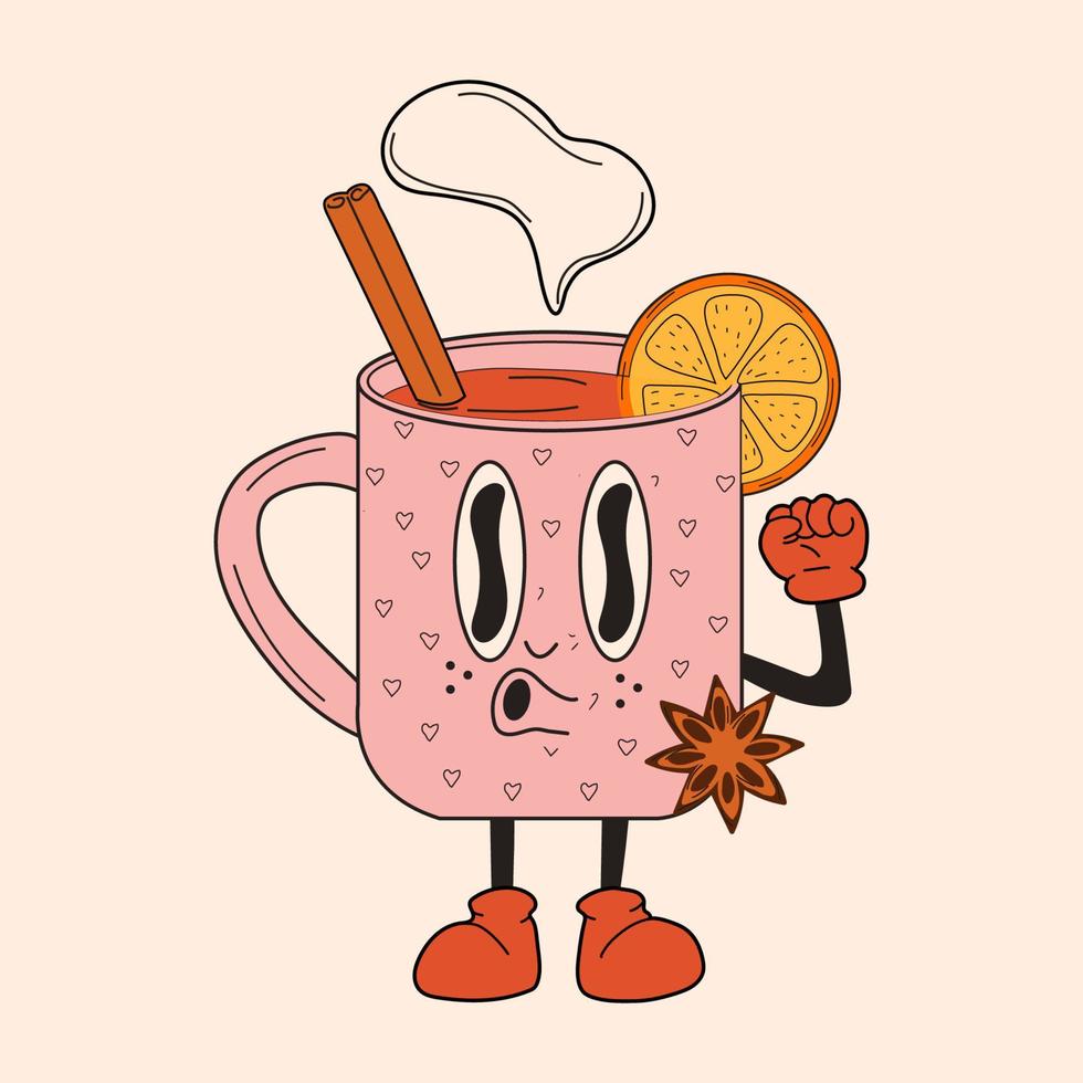 vino caliente retro en una taza. personaje de mascota de dibujos animados de los años 30 -. Estilo de animación antiguo de los años 40, 50 y 60. Vino caliente con canela. Vector en estilo de dibujos animados. todos los elementos están aislados