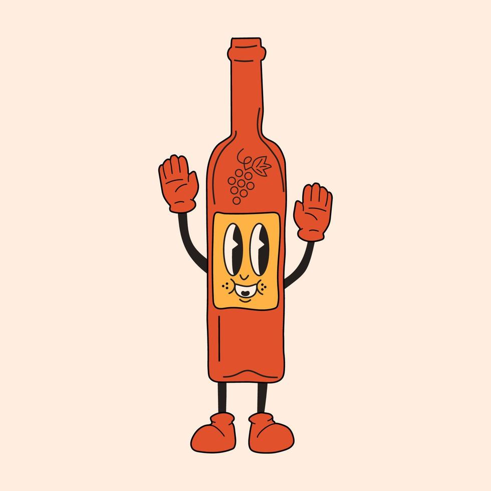 Retro wine in a bottle. 30s cartoon mascot character -. 40s, 50s, 60s old animation style.Mulled wine with cinnamon.Vector in cartoon style. All elements are isolated vector