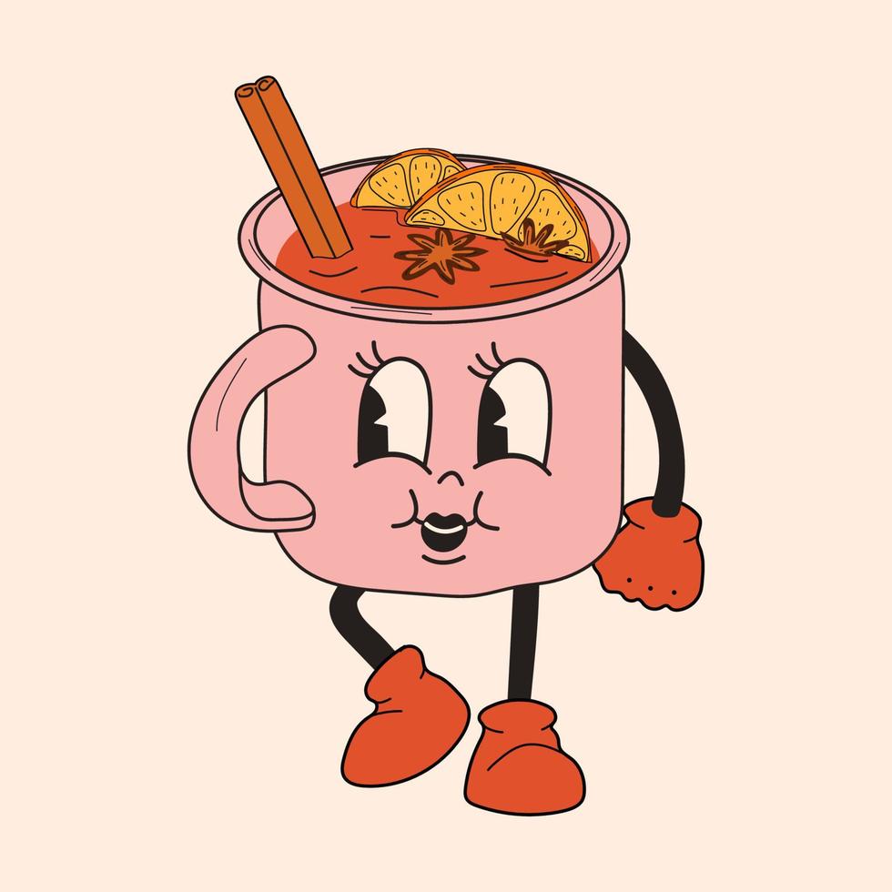 vino caliente retro en una copa. personaje de mascota de dibujos animados de los años 30 -. Estilo de animación antiguo de los años 40, 50 y 60. Vino caliente con canela. Vector en estilo de dibujos animados. todos los elementos están aislados