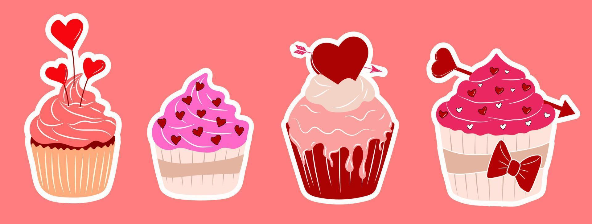 Set of four Valentine's Day cupcake icon with flat style heart isolated on white background. Love Concept. Vector illustration.