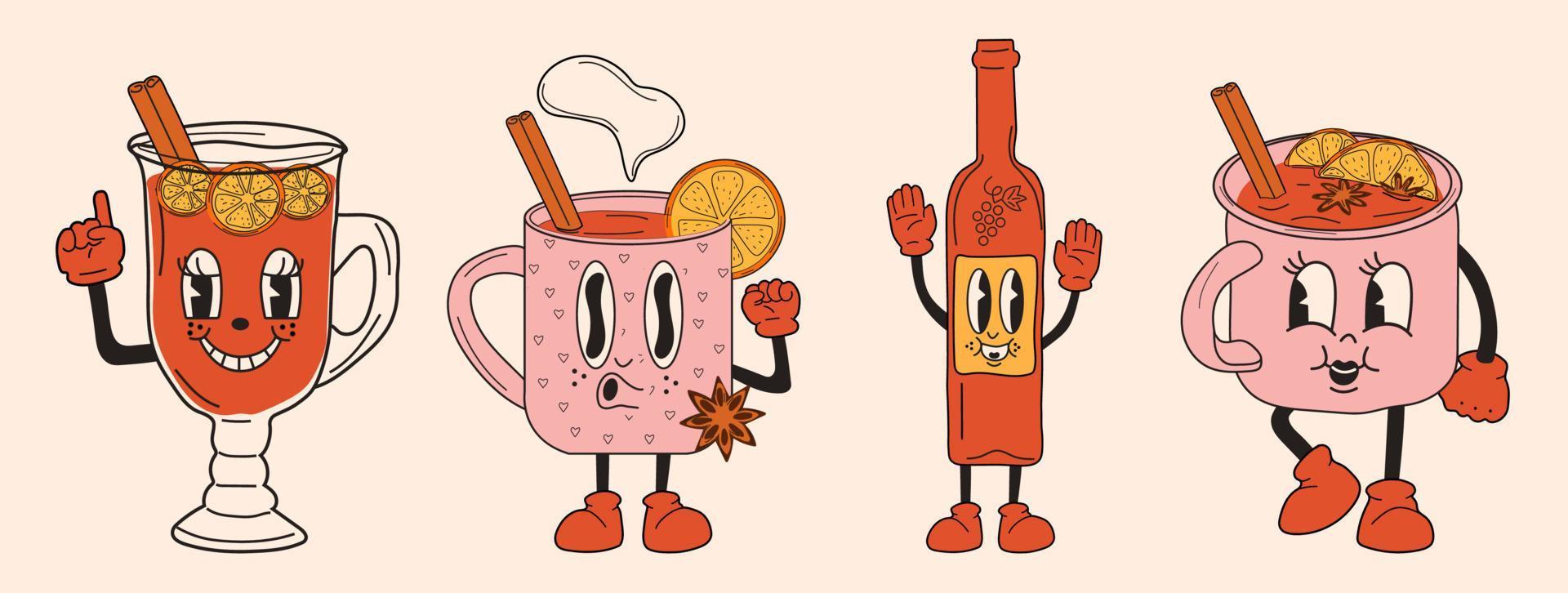 conjunto de vino caliente retro. personaje de mascota de dibujos animados de los años 30 -. Estilo de animación antiguo de los años 40, 50 y 60. Vino caliente con canela. Vector en estilo de dibujos animados. todos los elementos están aislados