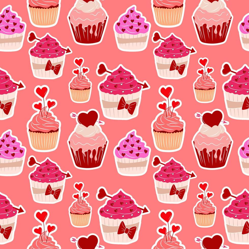 Seamless pattern with Set of four Valentine's Day cupcake icon with flat style heart isolated on white background. Love Concept. Vector illustration.