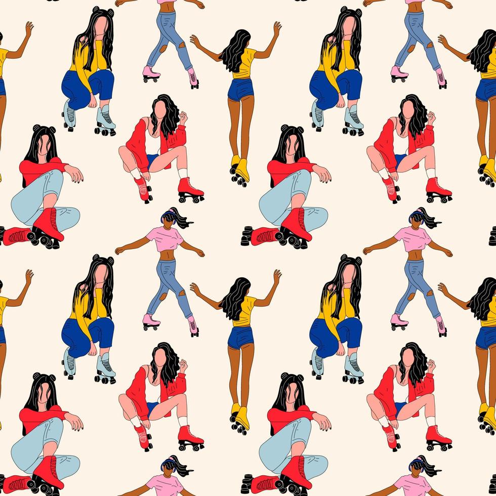 Seamless pattern with of Vector vintage skating girl with roller skates . Hand drawn roller skates sketch illustration. 80s, 90s style