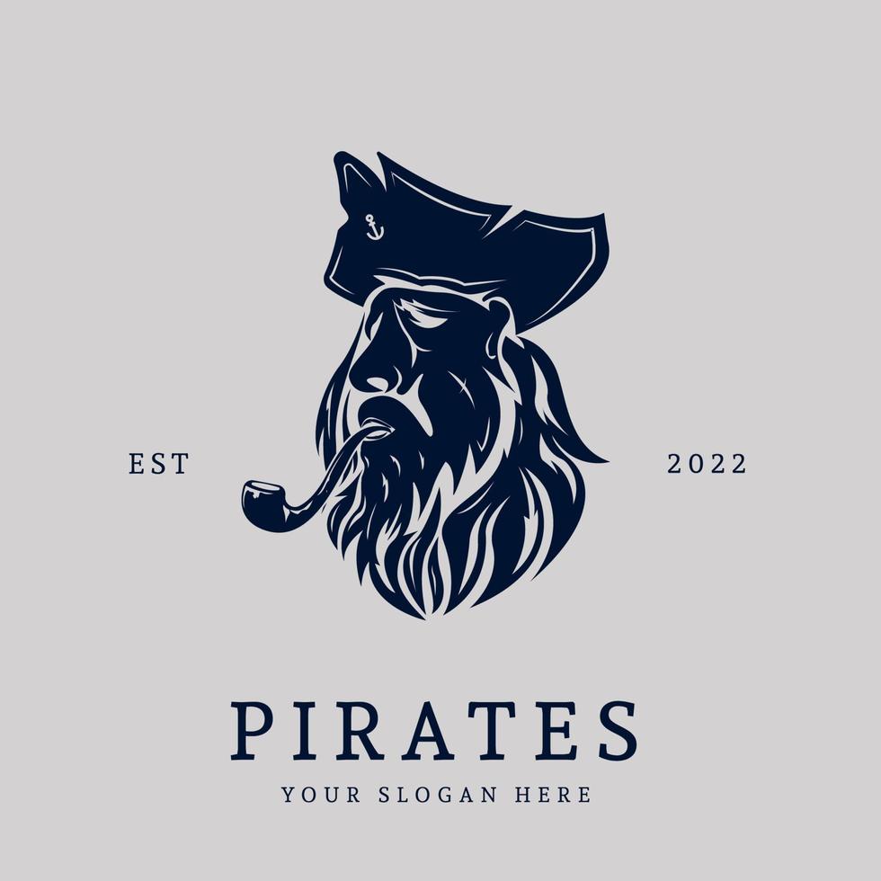 vector symbol of pirate face silhouette with beard and black hat. icon or logo of pirate captain head illustration