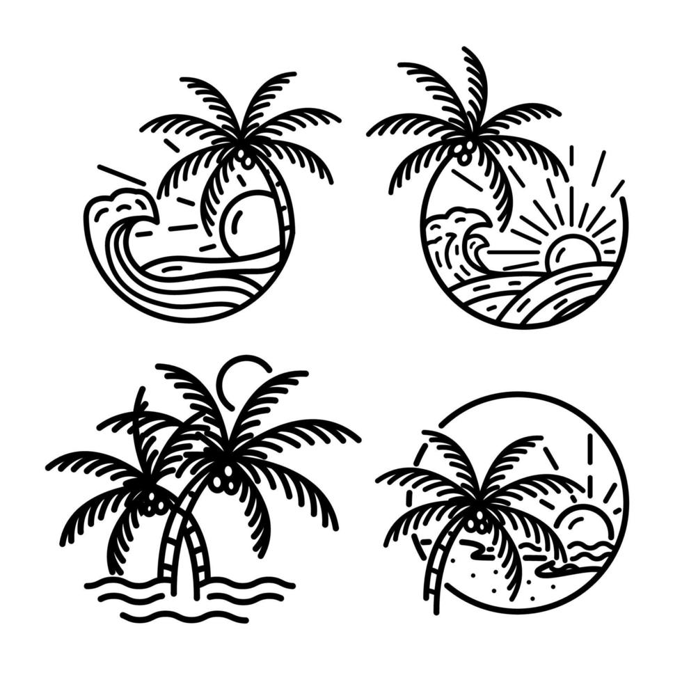 establecer olas oceánicas isla tropical y palmera logo línea arte vector ilustración