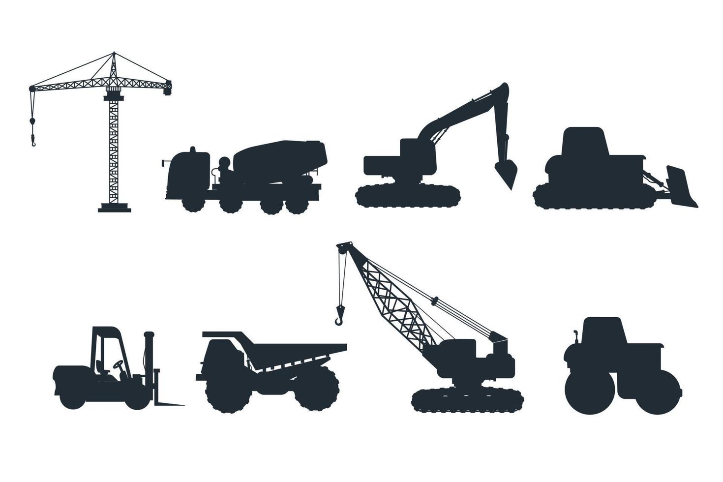 Set of industrial heavy machinery silhouette transportation isolated on white background vector