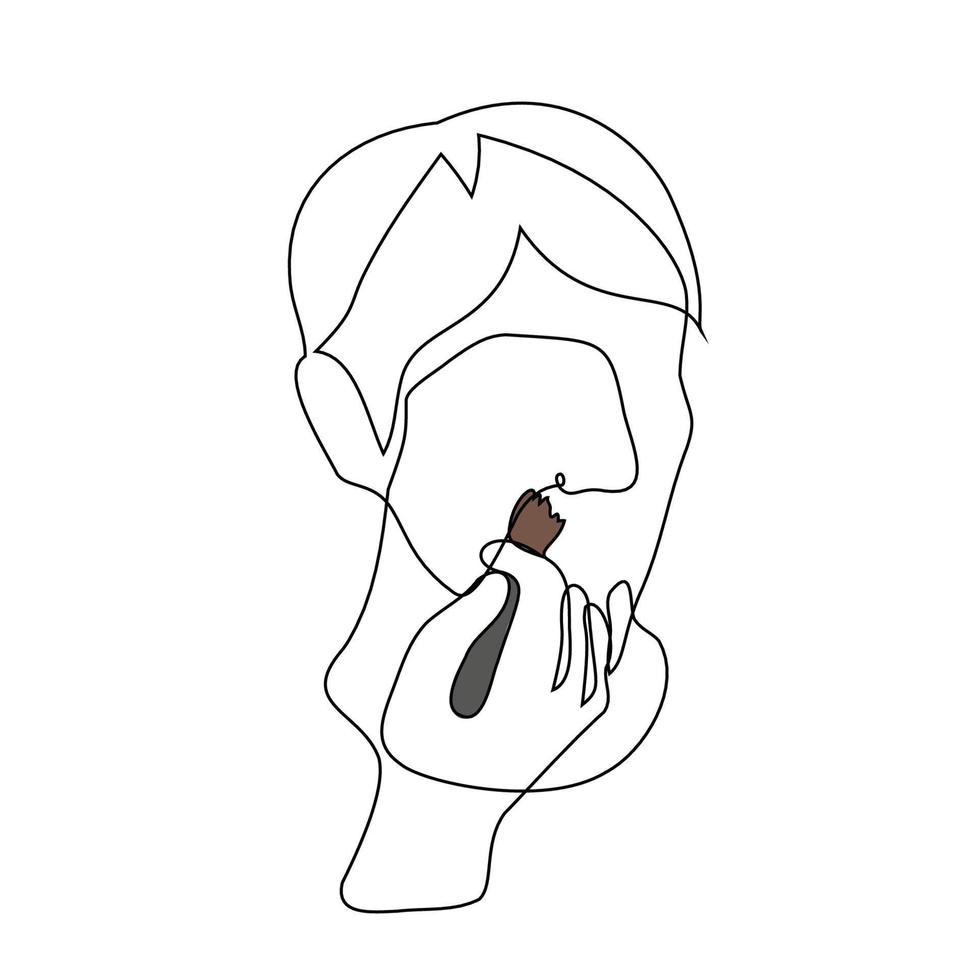 man is applying make-up with a brush. one line drawing vector public man or entertainer getting ready for filming