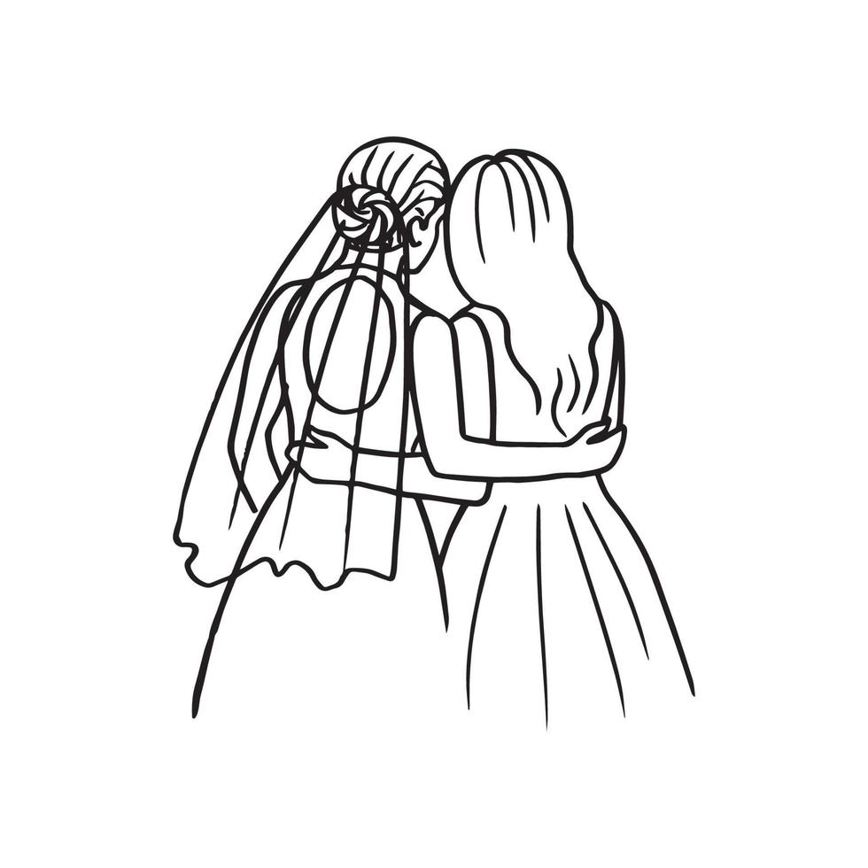 brides stand side by side and back to the viewer at their wedding - hand drawn doodle drawing. lesbian wedding vector