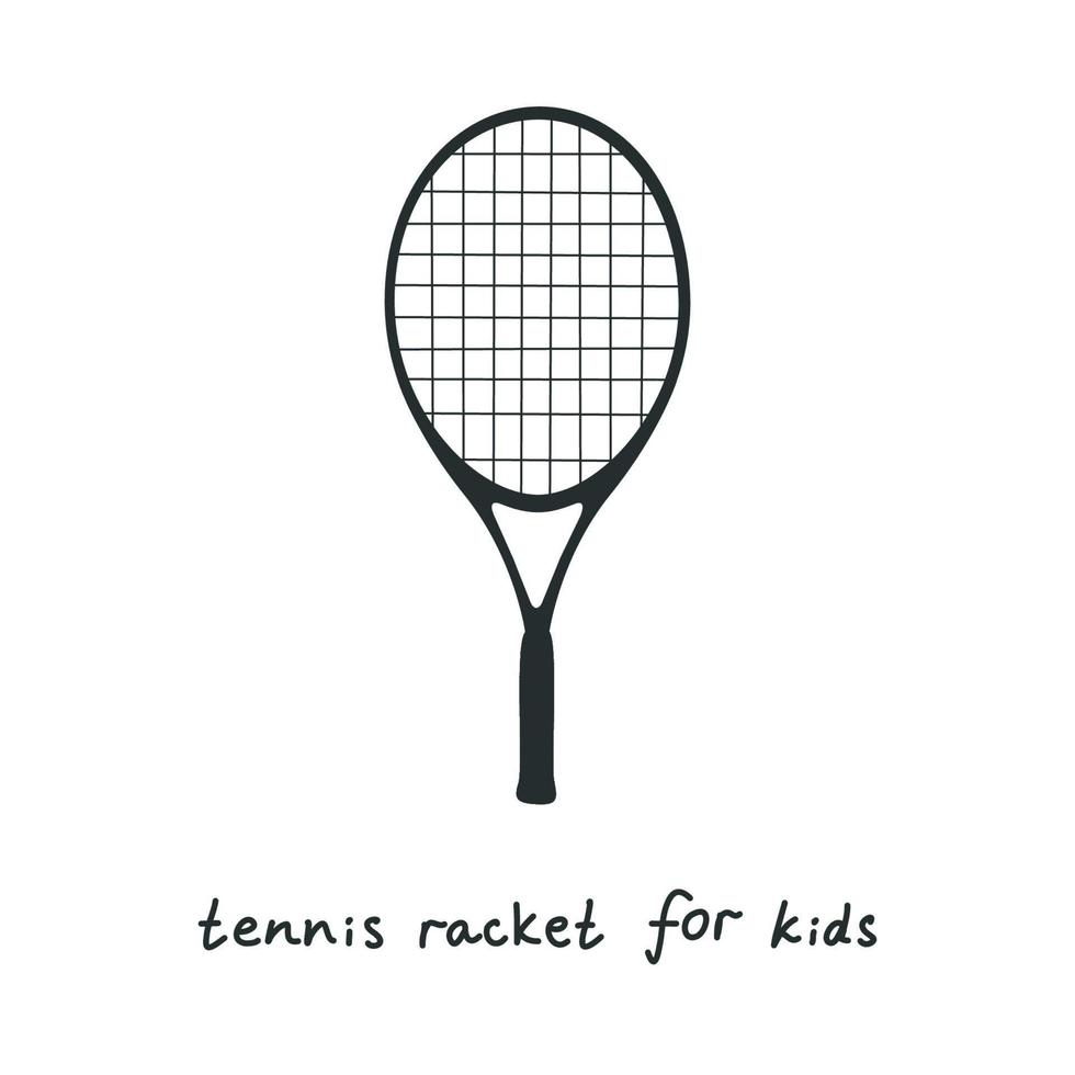 Flat vector silhouette illustration in childish style. Hand drawn tennis racket for kids.