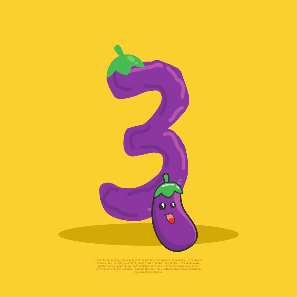 number 3 with cute eggplant sitting beside it. flat design vector