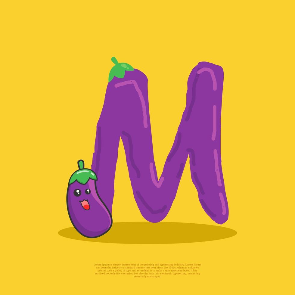 Letter M with cute eggplant sitting beside it. flat design vector