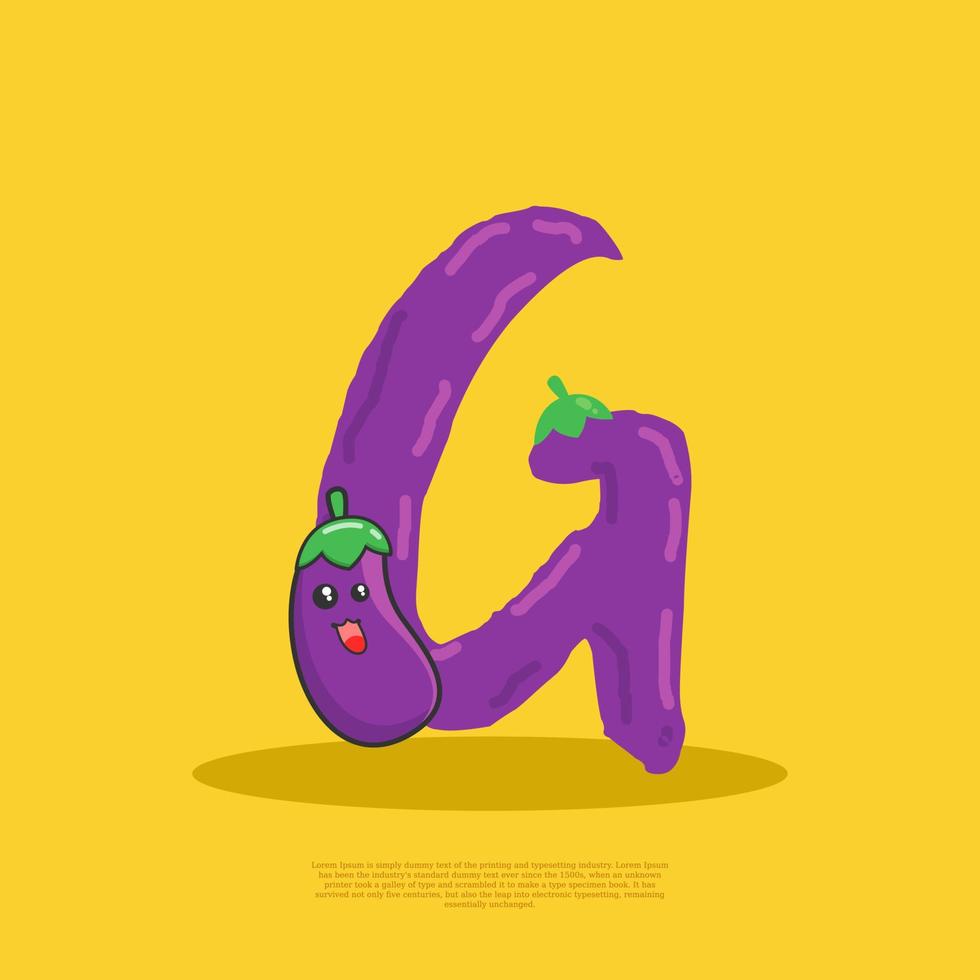 Letter G with cute eggplant sitting beside it. flat design vector