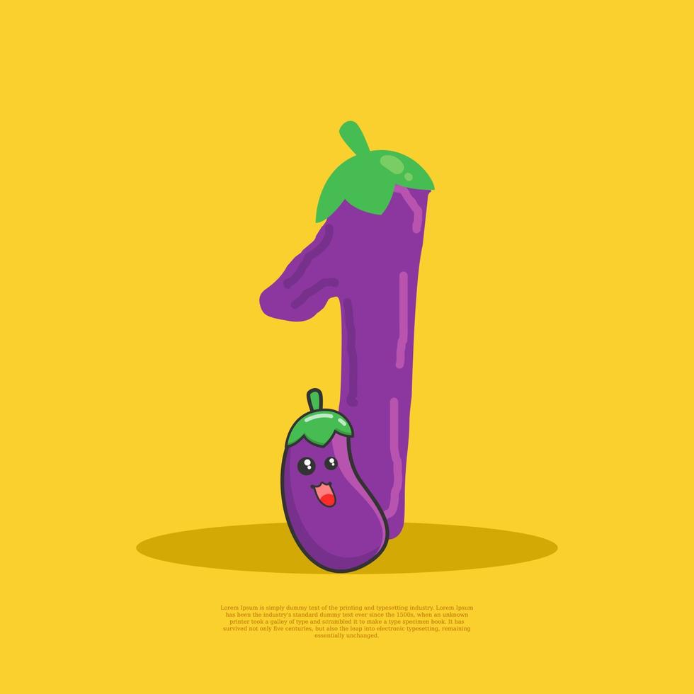 number 1 with cute eggplant sitting beside it. flat design vector