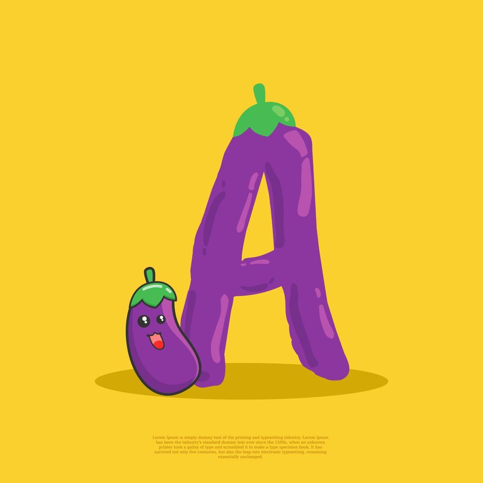 Letter A with cute eggplant sitting beside it. flat design vector
