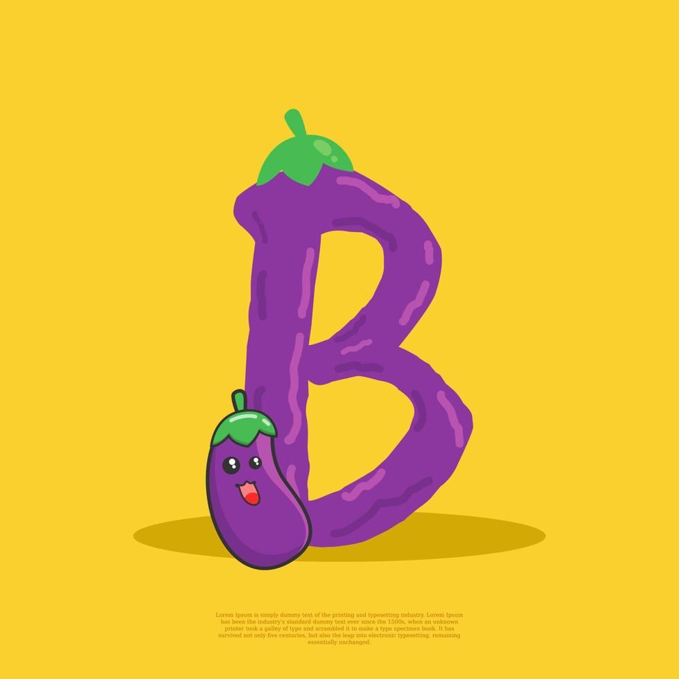 Letter B with cute eggplant sitting beside it. flat design vector