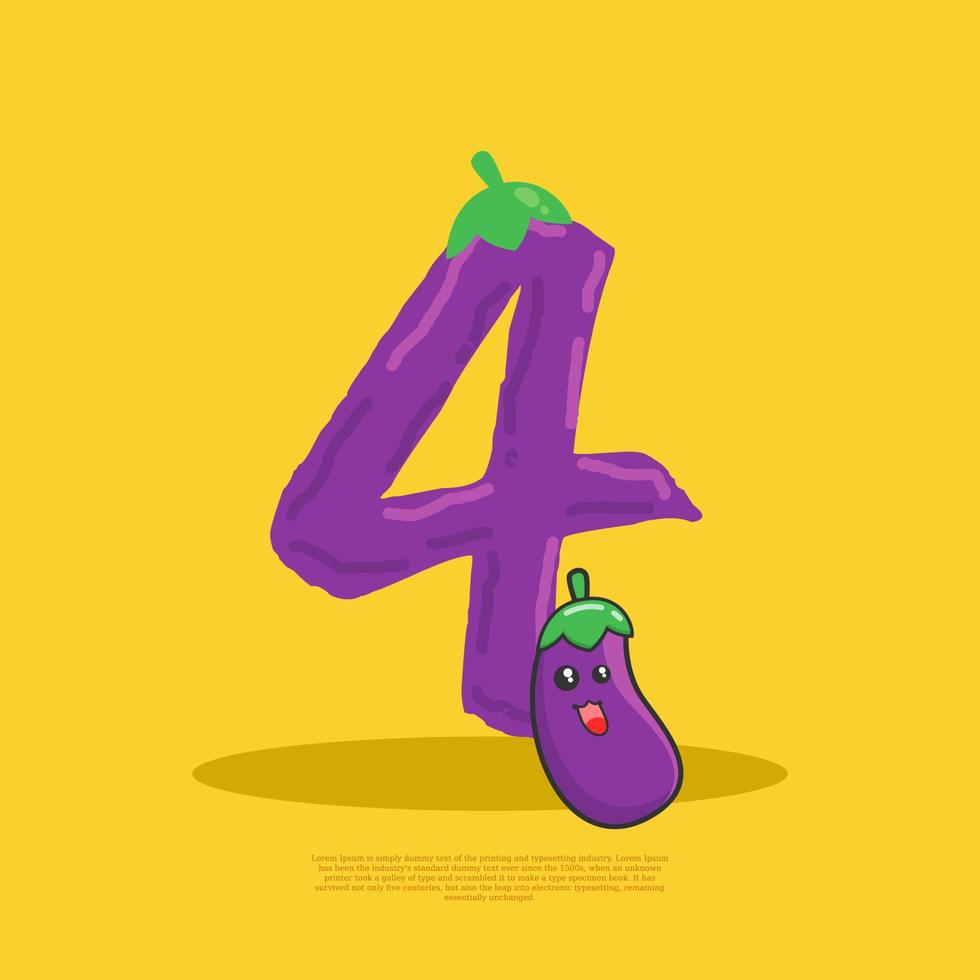 number 4 with cute eggplant sitting beside it. flat design vector