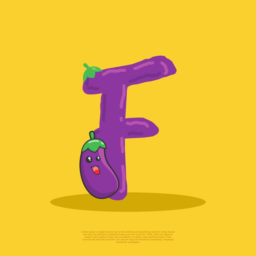 LetterF with cute eggplant sitting beside it. flat design vector