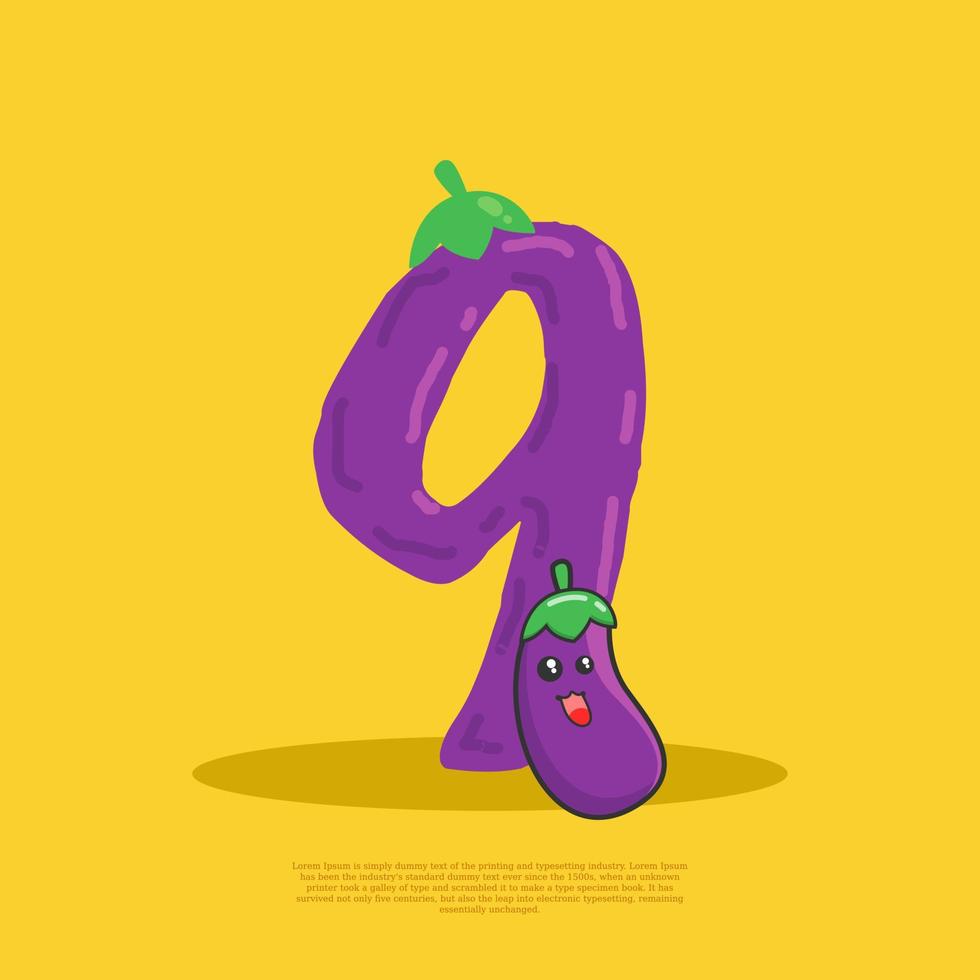 Number 9 with cute eggplant sitting beside it. flat design vector
